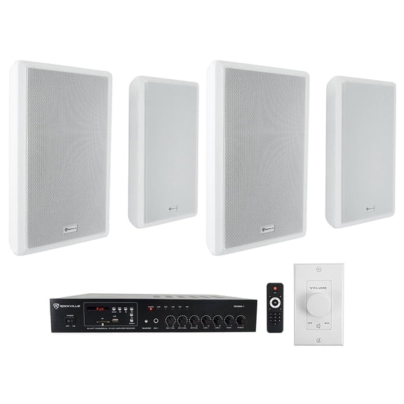 Rockville Commercial Restaurant Amp (4) White Slim Wall Speakers Wall Controller
