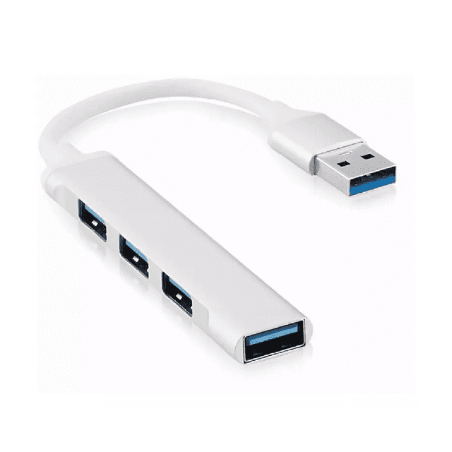 adaptador multipuerto hub delgado de 4 puertos usb 3.0 b blanco Adaptador hub USB 3.0 blanco y delgado con cable corto y conector USB-A, cuerpo de aleación de aluminio y magnesio, cuatro puertos USB-A alineados con interior azul que indica USB 3.0; compatible con discos duros externos, mouse y teclados; suele usarse para expandir puertos en laptops y tablets.