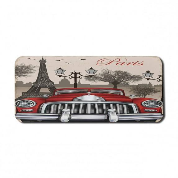 Retro Computer Mouse Pad, European Parisian City Scenery with Old Auto Mousque and Eiffel Silhouette Art, Rectangle Non-Slip Rubber Mousepad X-Large, 35" x 15", Red Cream Grey, by Ambesonne