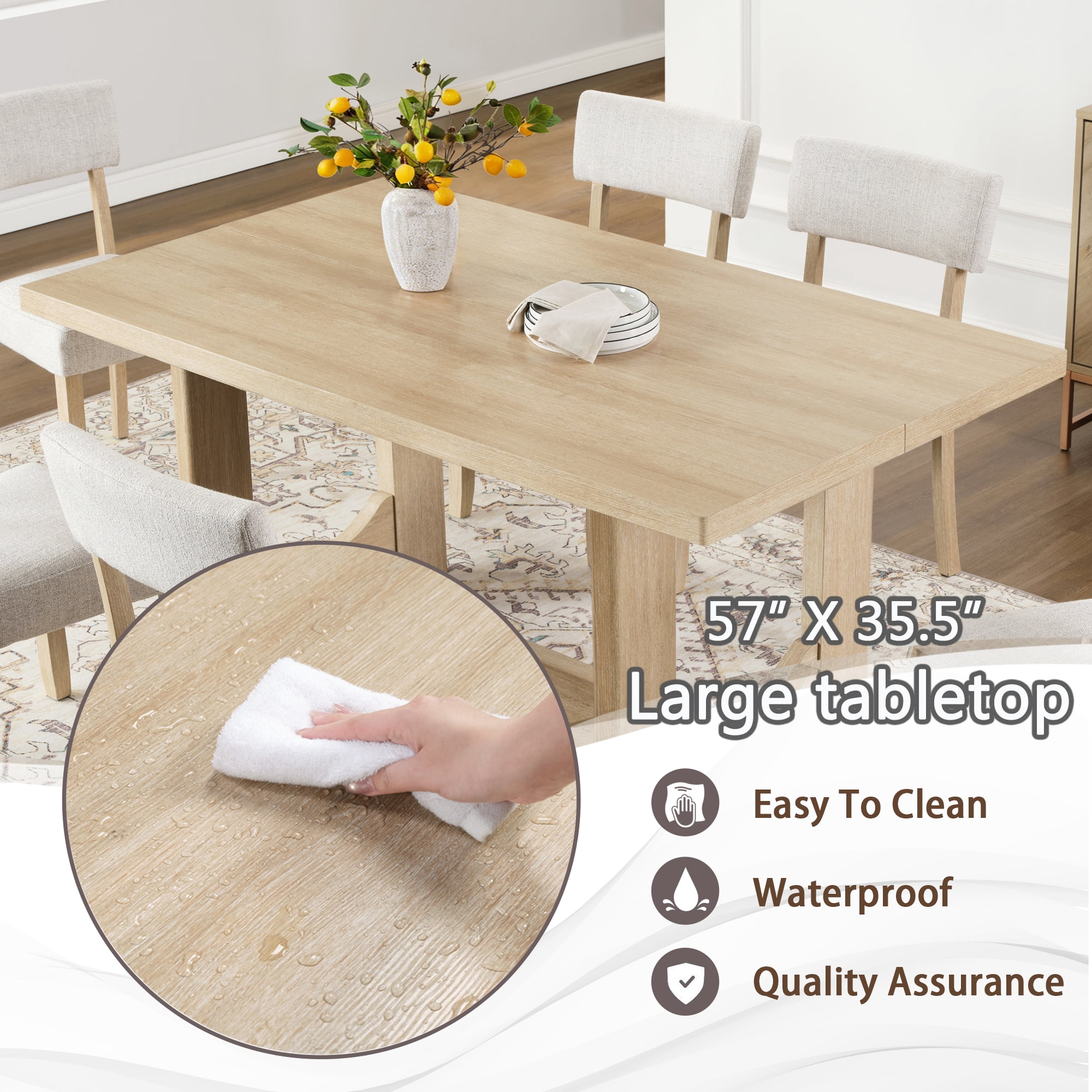 7-Piece Dining Table Set for 6, 57" Large Rectangular Table with 6 Linen Upholstered Chairs