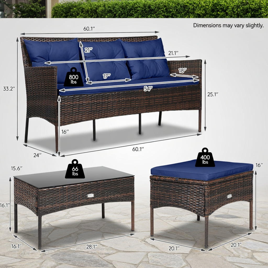 Hommoo 3-Piece Outdoor Patio Sectional Set with 5 Premium Cushions, All-Weather Rattan Sofa, Ottoman & Tempered Glass Coffee Table for Backyard, Poolside & Garden, Navy