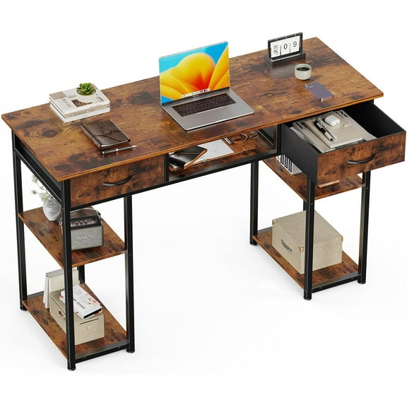 Simenmax Computer Desk with 2 Drawers, 48 Inch Office Desk Study Table, Fabric Drawers Storage Shelves,Brown