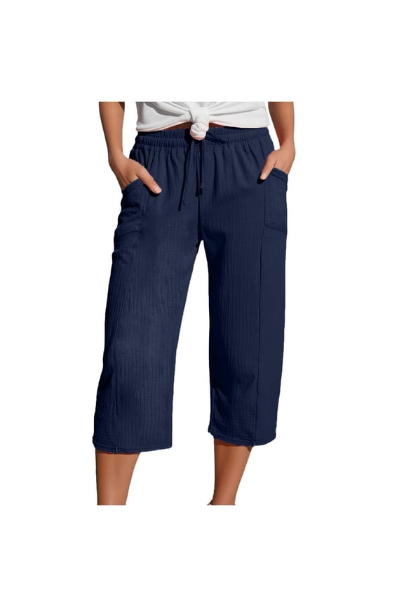 Women's Plus Size Capri Pants High Waisted Wide Leg Loose Fit Summer with Pockets Drawstring Elastic Waist Solid Color