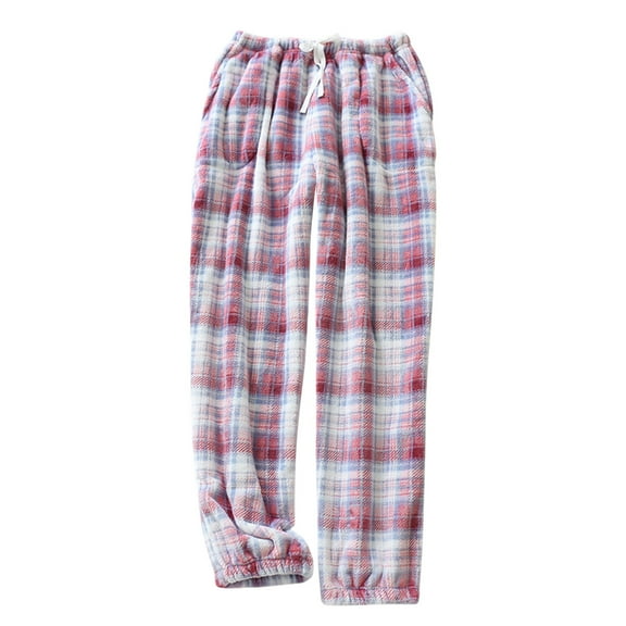 hoksml Women's Plaid Coral Fleece Pajama Pants, Cuffed Lounge Pants with Pockets Elastic Drawstring Waist Soft Sleepwear