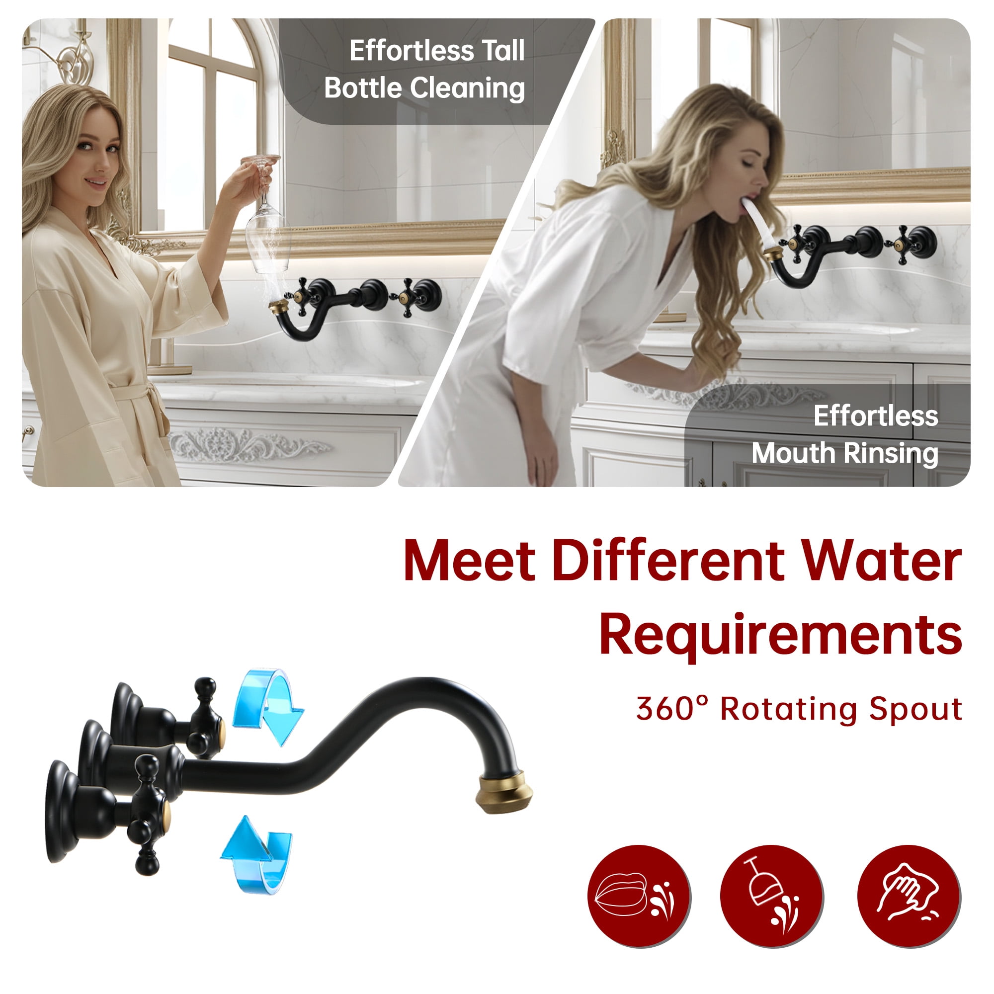 SUMERAIN Classic 3 Holes Wall Mount Bathroom Sink Faucet - Cross Handles Lavatory Basin Sink Faucet with Included Rough-in Valve-Black and Gold
