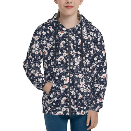 

Hoodies for Women daisies floral dotted navyblue Long Sleeve Sweatshirt Drawstring Zip Up Hoodie with Pockets Teen Girl Clothes