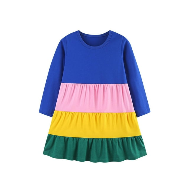 Robe en Coton pour Tout-Petites Filles Printemps Automne à Blocs de Couleur à Manches Longues Robe Soleil à Encolure Ras du Cou Robes Décontractées pour Bébé