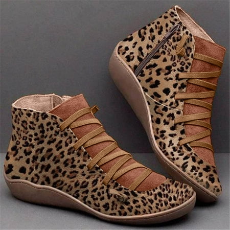 

Tangnade Women Shoes Women s Fashion Leopard Print Round Toe Lace-up Side Zipper Casual Flat Ankle Boots Brown 38