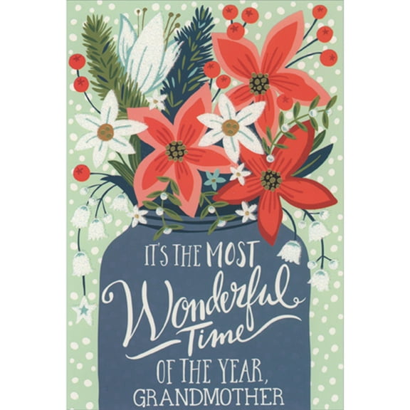 Pictura Poinsettias and Flowers in Blue Gray Jar Christmas Card for Grandmother