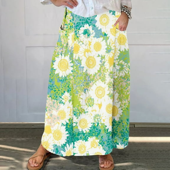 WXLWZYWL Boho Maxi Skirts for Women Plus Size Trendy Fall 2024 Long Beach Skirts High Waisted Floral Renaissance Skirt with Pockets
