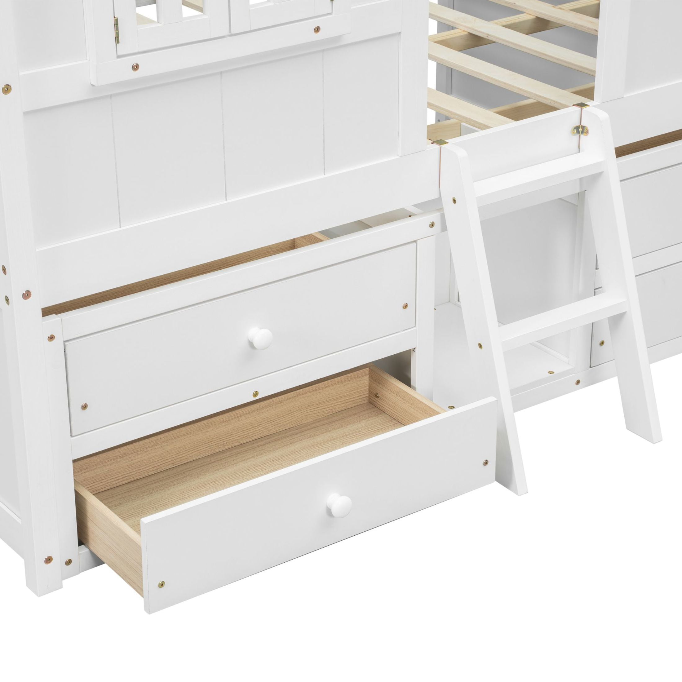 Noble House Full Size House Loft Bed, Pine Wood Frame with Roof, Windows, Ladder, and Storage Drawers, White