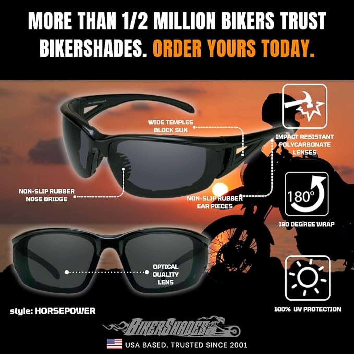 Bikershades Motorcycle Safety Sunglass Foam Padded Mens Windproof Dustproof Large Fit