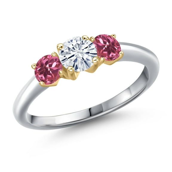 Gem Stone King 10K Two Tone Gold White Moissanite and Pink Tourmaline Engagement Ring for Women | 1.00 Cttw | Round 5MM | Gemstone Birthstone | Size 6