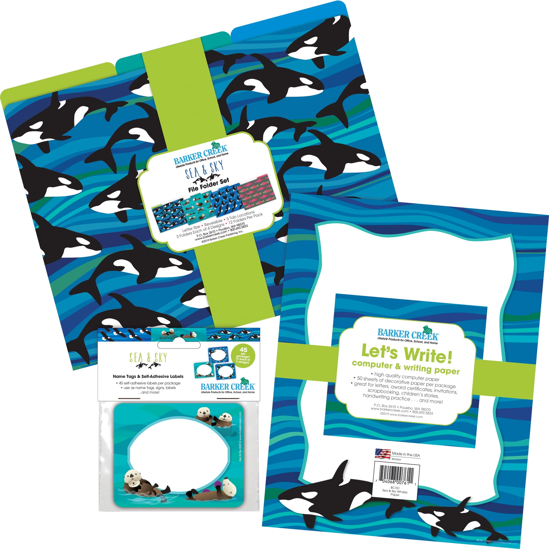 Barker Creek Get Organized Office Kit, Sea & Sky Whales, with 12 Coordinating Designer File Folders, 50 Sheets of Colorful Computer Paper, and 45 Versatile Self-Adhesive Labels/Name Tags (121)