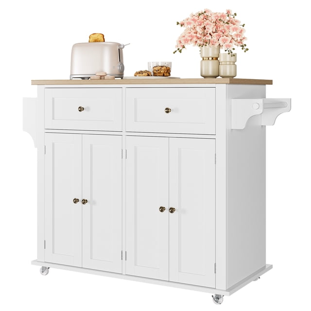 Versatile White Kitchen Island Cart – Sturdy Wood Top – Mobile Storage Cabinet, Drawers, Spice & Towel Rack – Farmhouse Style Rolling Organizer Table on Wheels – Color: White