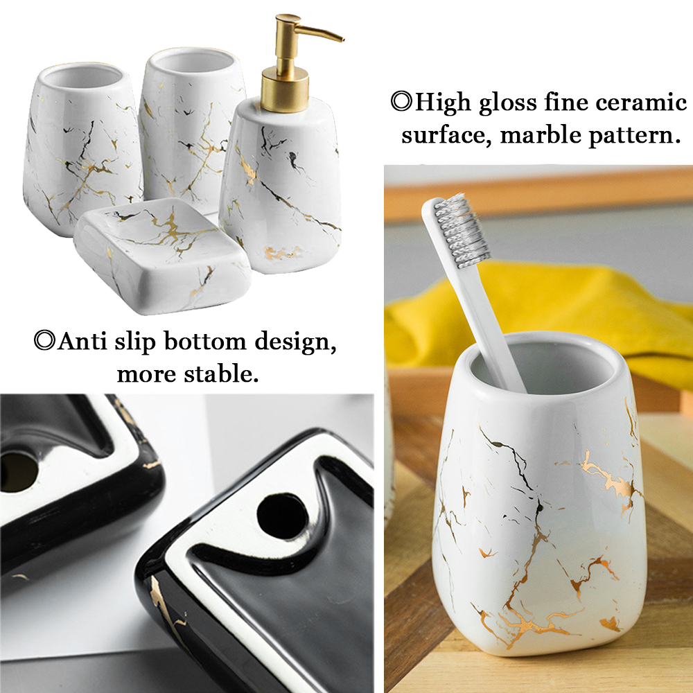 4 Pcs Bathroom Soap Dispenser Set Marble Bathroom Accessories Set Ceramic Bathroom Accessories Complete Set Vanity Countertop Accessory Set- 1 Soap Dispenser, 2 Tumblers, 1 Soap Dish, Glossy White
