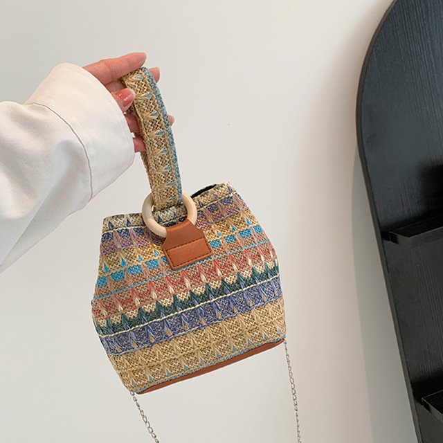 Bolso tipo cubo para mujer, bandolera de paja informal, Bolso hobo tejido de verano (azul)
