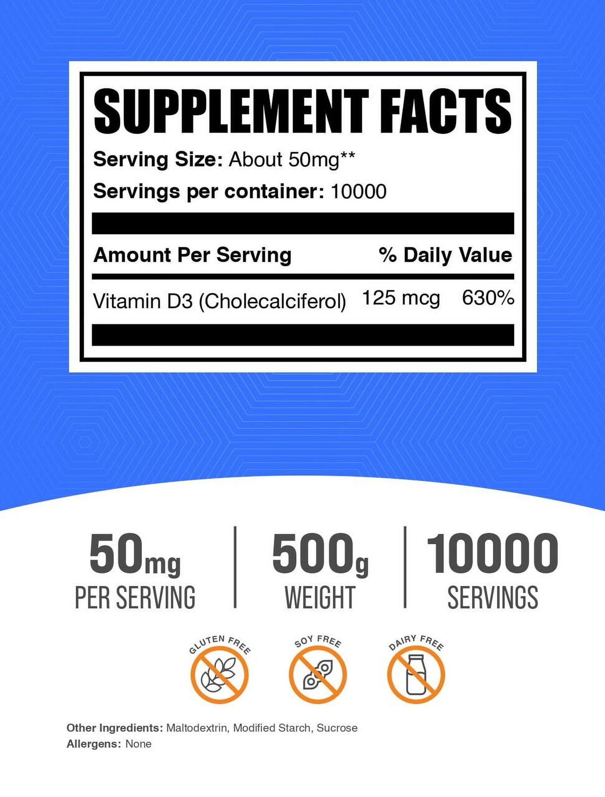BulkSupplements Vitamin D3 (Cholecalciferol) Powder - 50mg per Serving - 500 Grams (1.1 lbs) - 10000 Servings