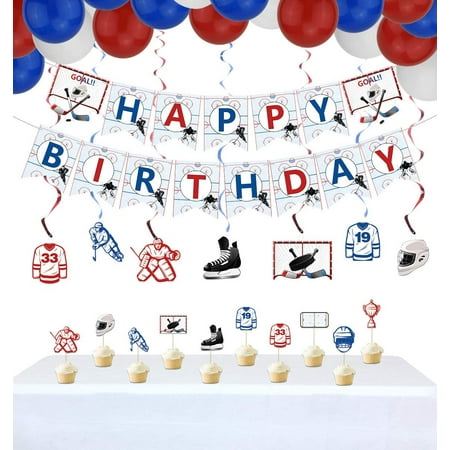 Hockey Birthday Party Supplies Ice Hockey Themed Happy Birthday Banner 6 Hanging Swirls 1 Table Cloth 10 Cake Toppers 30 Balloons For Kids Hockey Fans Birthday Party Decorations Walmart Canada