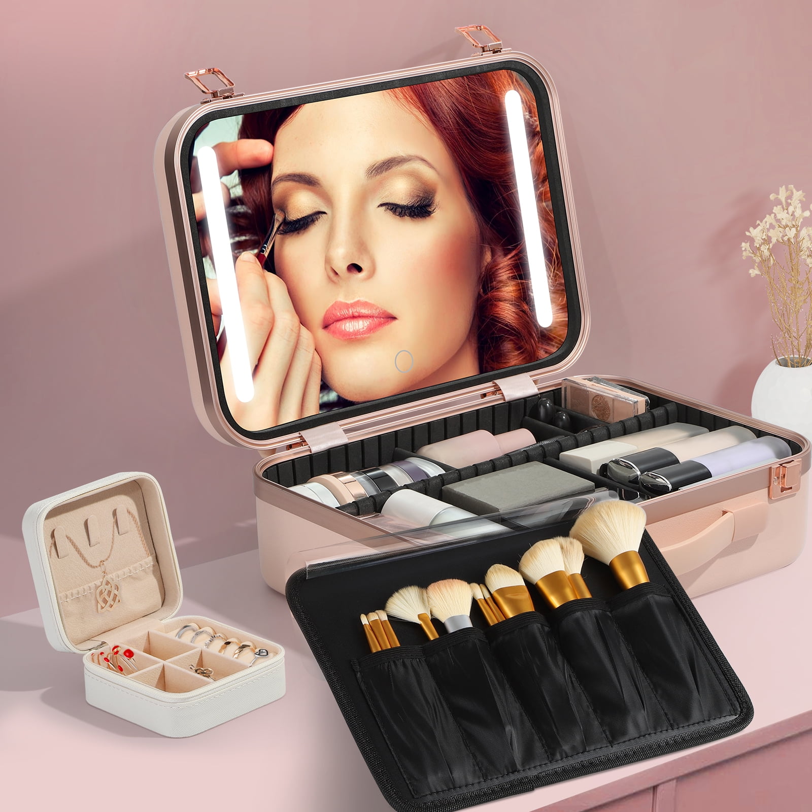 ZXMT 15" Pink Makeup Train Case with Mirror & Light & Jewelry Organizer Cosmetic Case Box with