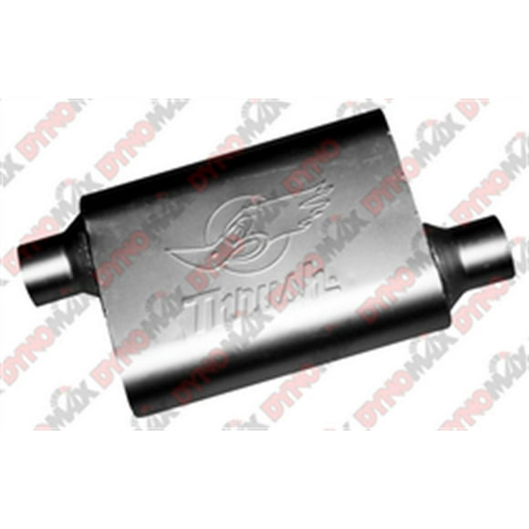 Dynomax Exhaust Muffler 17659 Thrush Welded; 9-1/2 Inch Length X 4 Inch Aluminized Steel Case; 2-1/2 Inch Offset Inlet; 2-1/2 Inch Offset Outlet; 13 Inch Case Length/19 Inch Overall Length