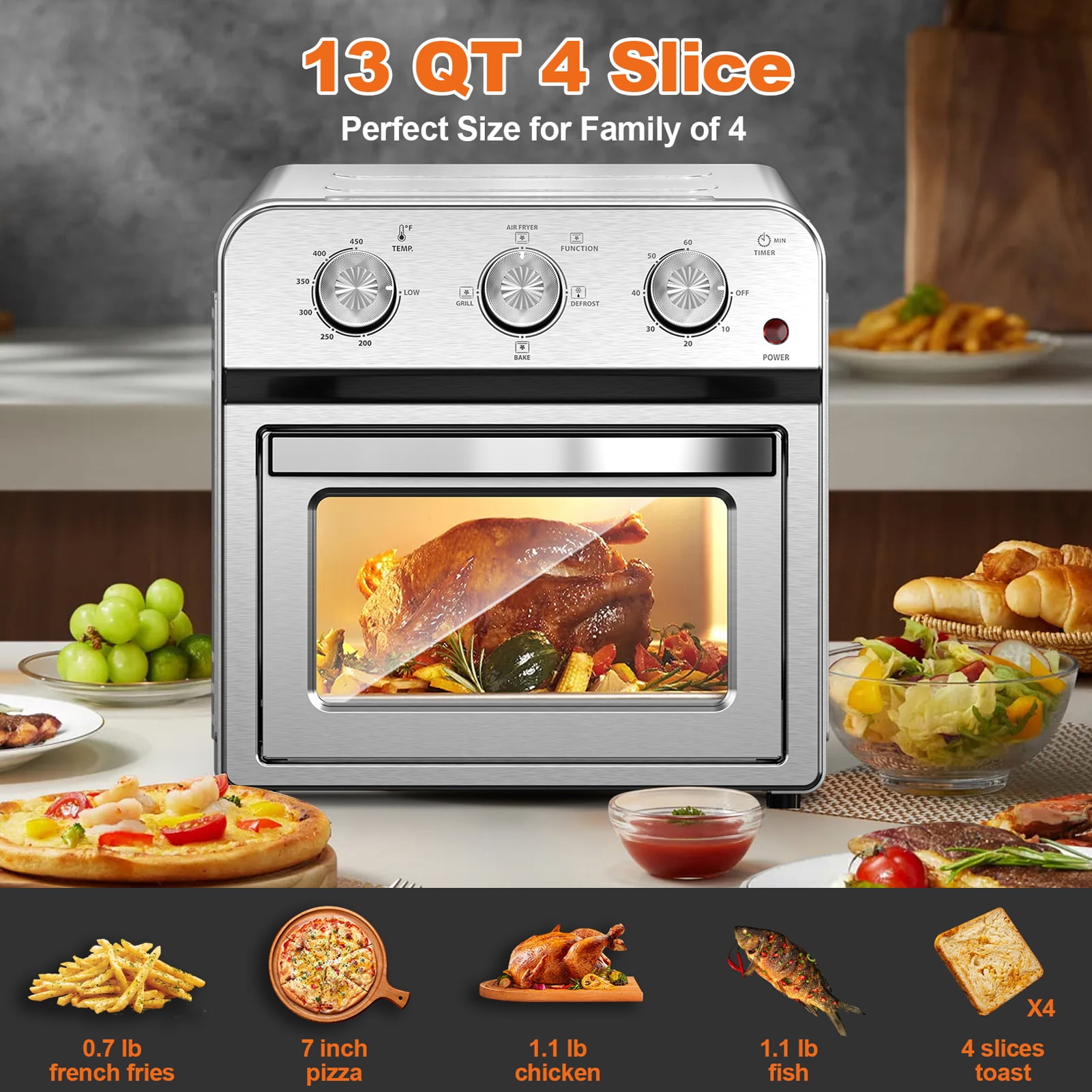 Family Size Air Fryer Toaster Oven Combo, 13QT, 360° Hot Air Circulation, Multifunctional Convection Countertop Oven, Stainless Steel, Silver