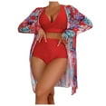 thumbnail image 4 of Jacenvly 2024 Womens Hawaiian 3 Piece Set Fashion Long Sleeve Swimsuit Color Block with Cover up Surfing Swimwear Lightweight Women'S Printed Bikini Straps Split Set Three Piece Set Red, 4 of 11