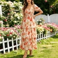 thumbnail image 2 of Women's Puff Sleeve Summer Vacation Maxi Dress, Boho Floral Print Square Neck Layered Wedding Guest Beach Dresses, 2 of 8