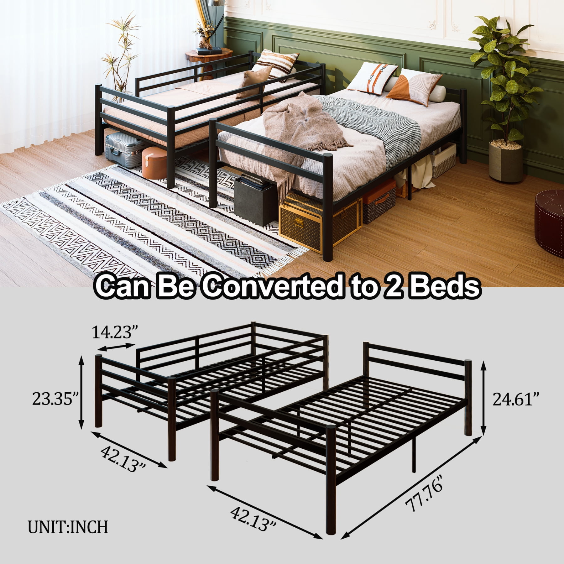 Leumius Metal Bunk Bed Twin Over Twin,13.7" High Safety Guardrail, Heavy-Duty Slats Support Up to 600LBS, Sturdy Side Ladder, Large Under Bed Storage, Convertible into 2 Separate Twin Beds,Black