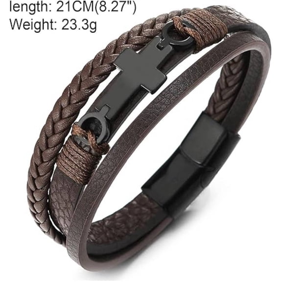 Men's Multilayer Cross Leather Bracelet | Braided & Pu Leather Wristband with Black Metal Cross | Christian Religious Jewelry