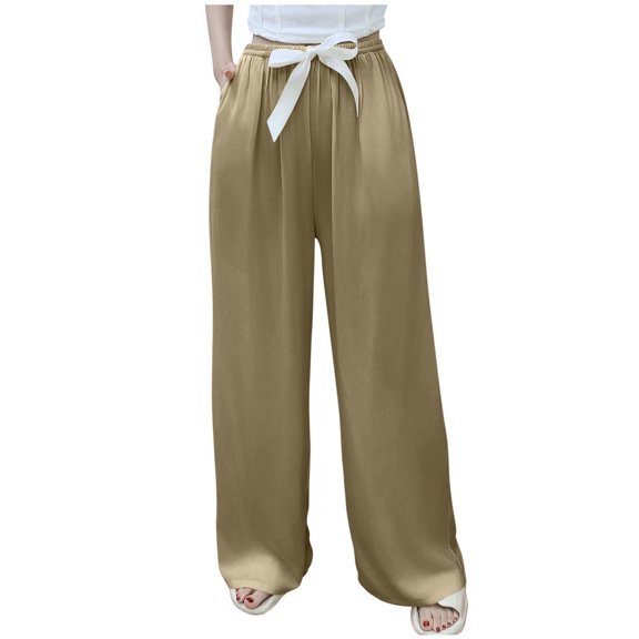 HAPIMO Pants for Women Loose Fit Spring Straight Pants Summer Casual Pants Wide Leg Pants Daily Casual Pants Drawstring Elastic Waist Trousers Khaki Free Size
