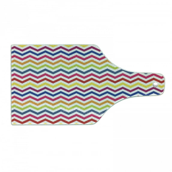 Chevron Cutting Board, Chevron Pattern Colorful Rainbow Inspired Fun Enjoyment Design, Decorative Tempered Glass Cutting and Serving Board, Wine Bottle Shape, Multicolor, by Ambesonne