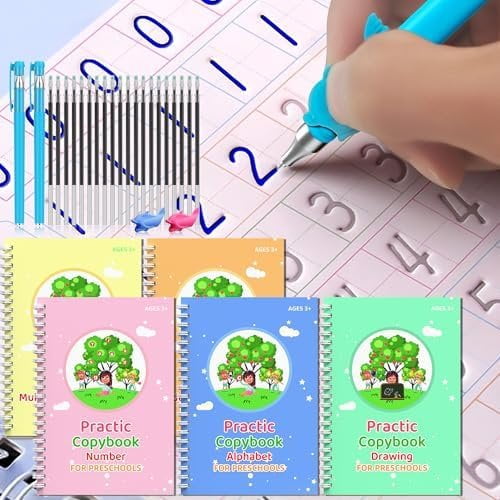 Magic grooved Writing Practice Books for Beginners, 5 Books, 2 pens, 2 Pencil Grips, 20 Refills. grooved Handwriting Practice for 3-10, grooved Handwriting workbooks.