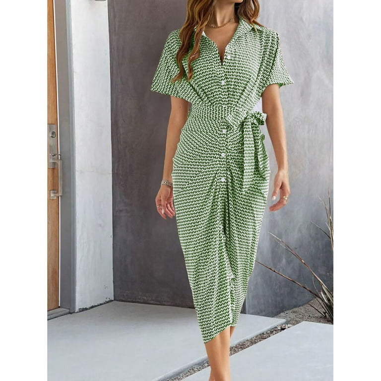 Yesfashion Women's Collar V Neck Button Front Tie Waist Short Sleeve Ruffle  Hem Midi Dress - Walmart.com