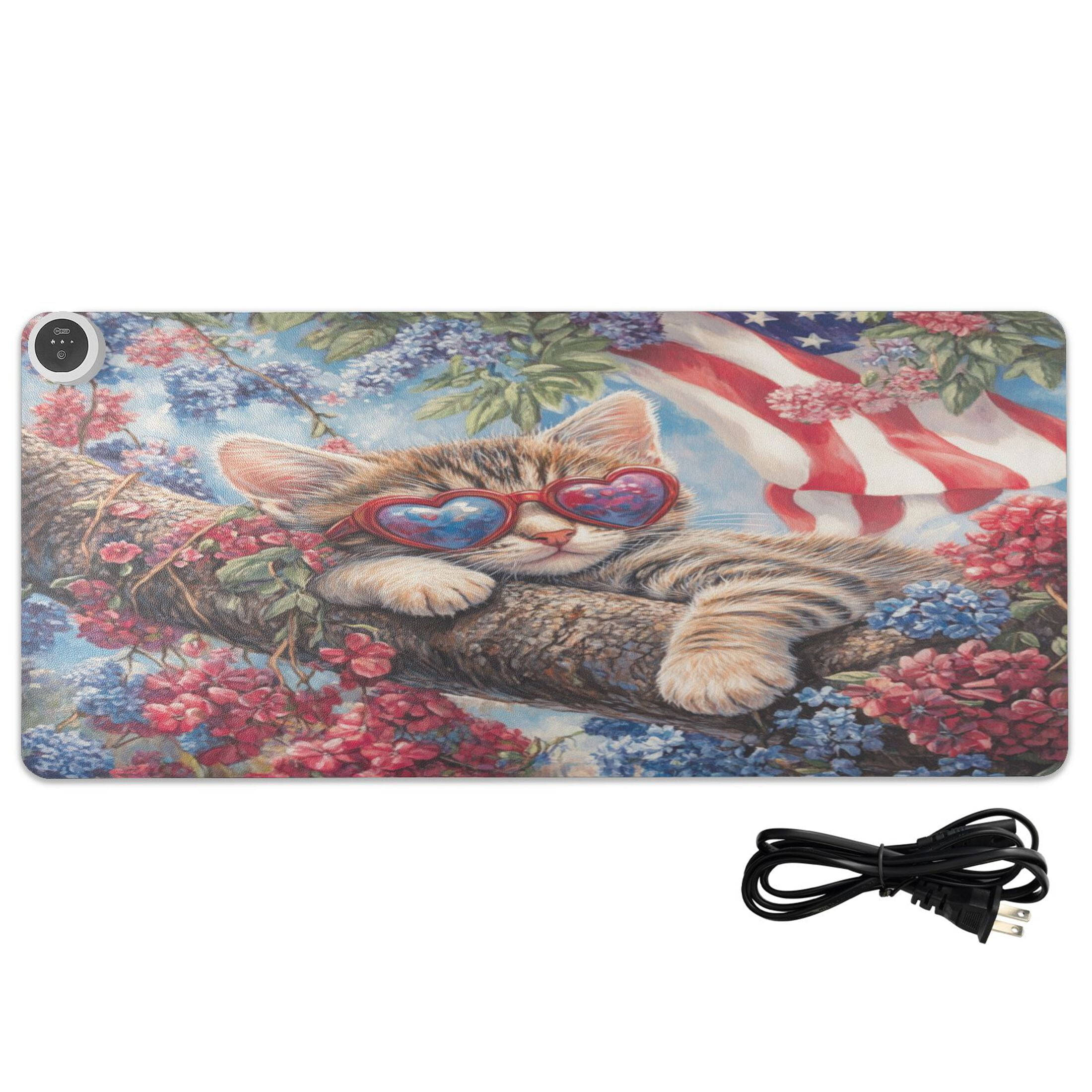 Wobogo 4th Of July Cat Heated Mouse Pad Extra-Large Desk Mat With 3 Heating Levels and 3-hour Auto Shut-Off Protection Ideal for Computer Keyboards Home Office Hand-warming Essential 31.5in × 13in