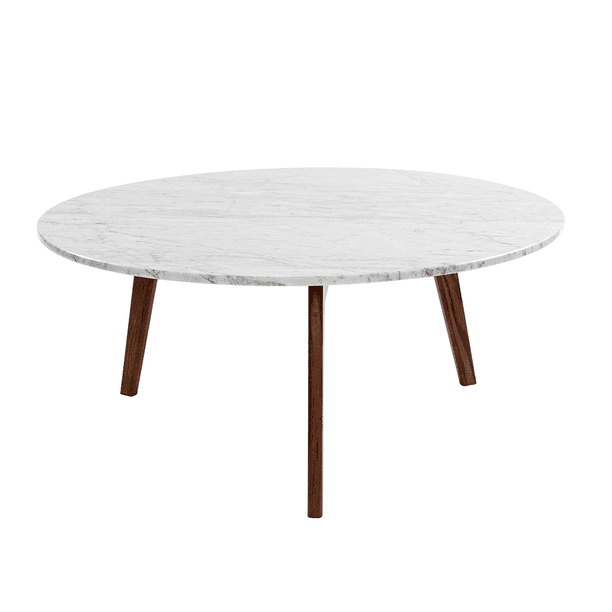 Stella 31" Round Italian Carrara White Marble Coffee Table with Walnut