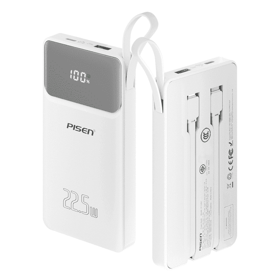PISEN 10000mAh 3C Certified Power Bank, 22.5W PD Fast Charging Portable Charger with Built-in Charging Cables, LED Display for iPhone, Samsung , Android Devices