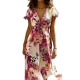 thumbnail image 3 of BRGZLK Womens Midi Dress Summer Floral Print V-Neck Striped Dress Short Sleeved Flowy Dress Retro Lightweight Casual Vacation Beach Dress, 3 of 7