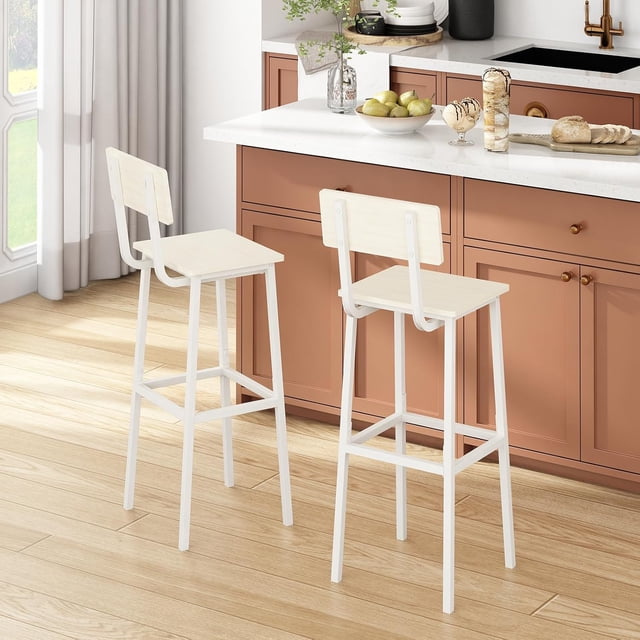 Juego de 2 taburetes de bar, taburete alto con respaldo y reposapiés, sillas de bar altas, taburete de bar de estilo industrial para comedor, cocina, color blanco