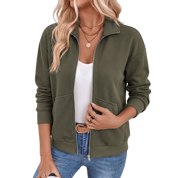 NAYTOAO Women's Waffle Knit Full Zip Jacket, Lapel Collar Loose Fit Casual Sweatshirt Jacket With Kangaroo Pockets for Fall Daily Sports