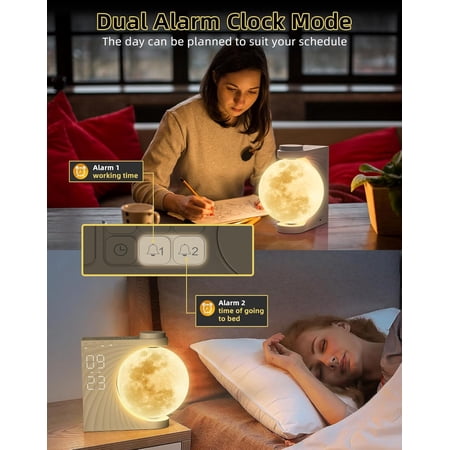 Sunrise Alarm Clock with Auto-Rotating Moon Lamp, 10 Nature Sounds & Dual Alarms for Heavy Sleepers