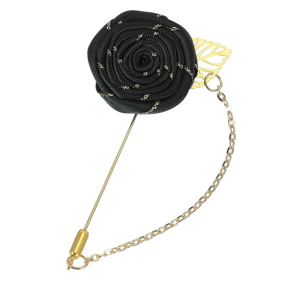 Rose Lapel Pin for Men Suits, Men Cloth Rose Flower Brooch Pin Handmade Boutonnieres Pins with Gold Leaf/Chain Brooch for Men Suit Accessories, Black