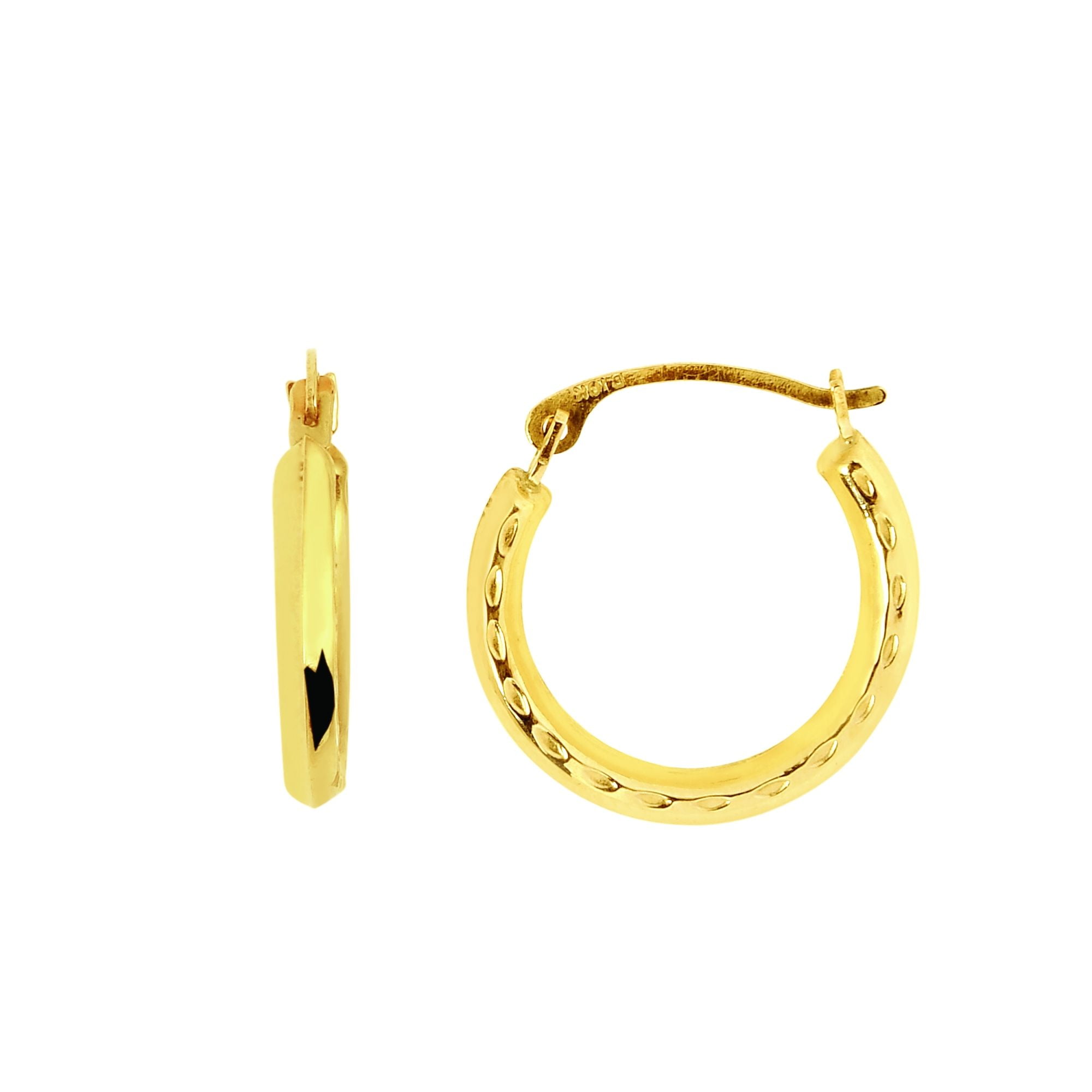 14K Yellow Gold Shiny Textured Round Hoop Earrings with Hinged by IcedTime