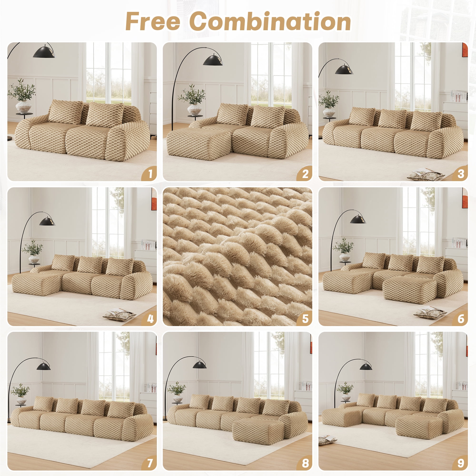 Aukfa 115" Overstuffed Cloud Sectional Sofa L shape Modular Boneless Couch for Living Room, 3 Pillows, Flannel, Camel