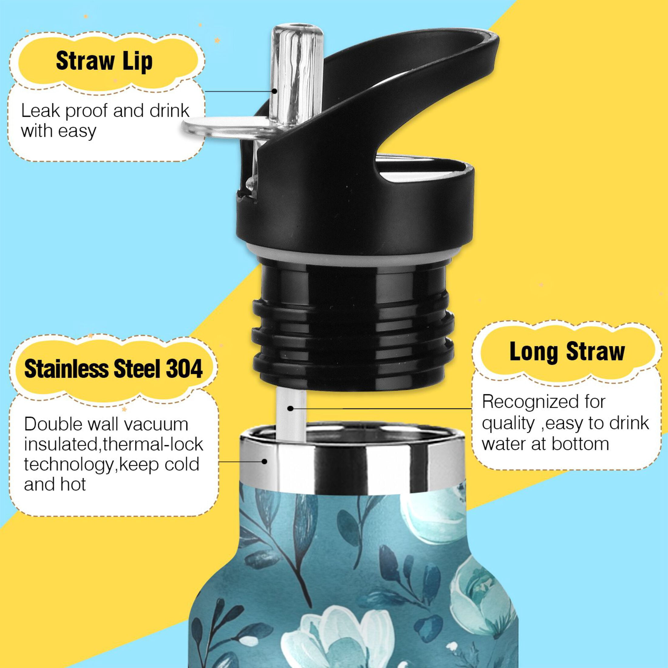 600ML Stainless Steel Insulated Cup Sports Water Bottle Portable Thermos Cup Water Glasses Insulated Tumblers Convenient and Durable Cartoon Teal Flowers Seamless
