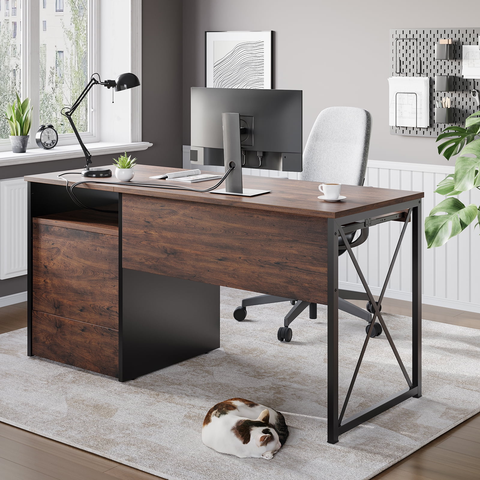 Bestier 55 inch Computer Desk with Storage Drawers & Keyboard Tray & File Drawer Home Office Desk Cherry
