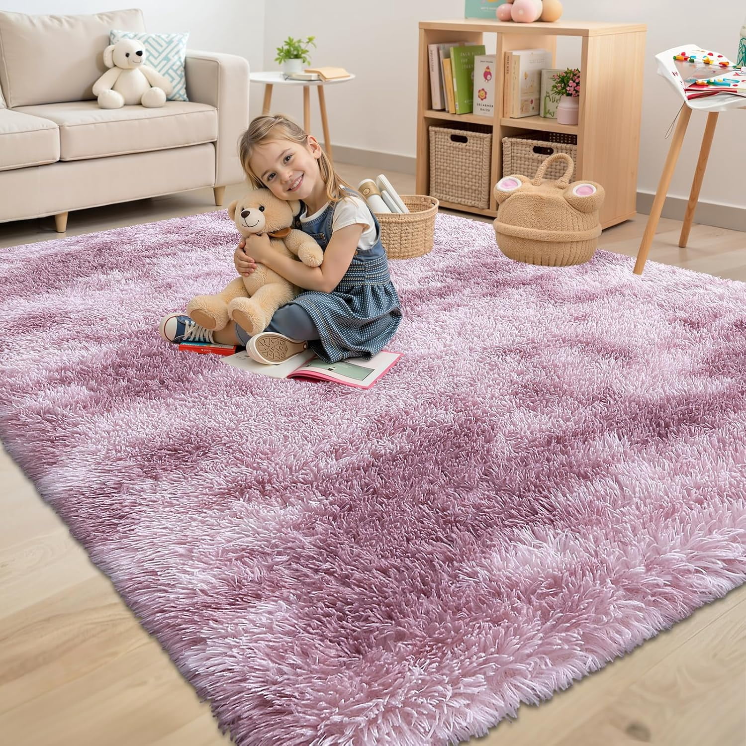 Buganda Soft Shag Area Rug, Washable Non-Slip Rug for Living Room Bedroom, Modern Decor Carpet, 5'X8', Dusty Pink