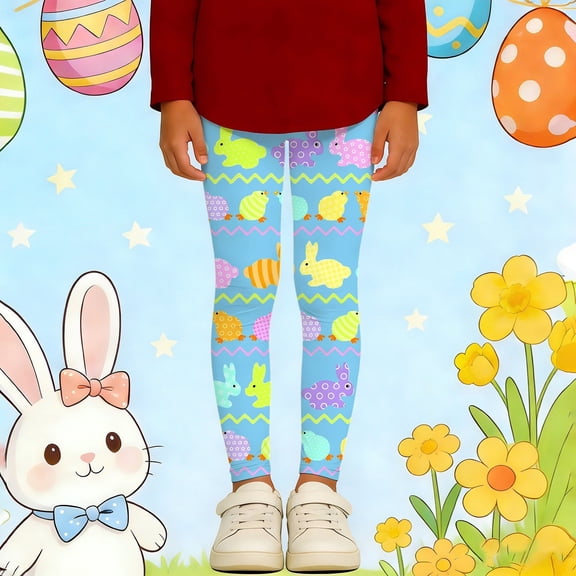 YMNXA Toddler Kids Girls Tights Elastic Waist Easter Print Stretchy Comfortable Soft Layer Pants Base Leggings For Daily Wear,Light Blue,3-4 Years