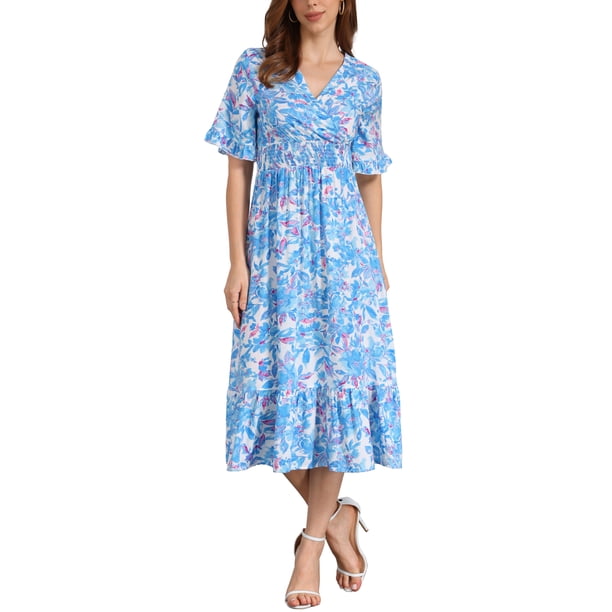 Vestido Floral INSPIRE CHIC para Mujer, vestido midi de manga corta con volantes en azul y blanco