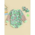 thumbnail image 6 of FEORJGP Infant Baby Girls Irish Day Romper Newborn Long Sleeve Jumpsuit Crew Neck Bodysuit Four Leaf Clover Print Romper with Headband Toddlers Girl Cute Casual Clothes, 6 of 10